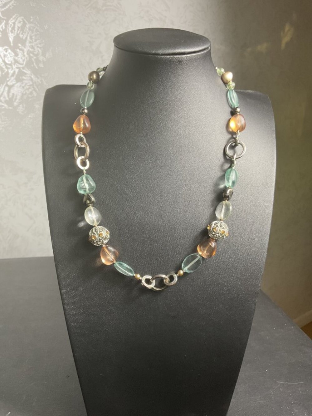 Vintage Earthy Beaded Link Necklace Sage Green Amber Filigree Boho Goblincore
